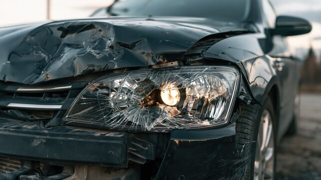 Wrecked Car Hood and Broken Headlight After Crash