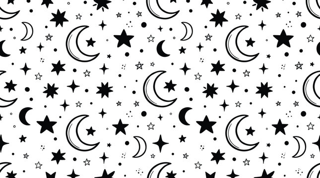 Seamless pattern of hand drawn black moons and stars on a white background, for night sky, themed textile and, wrapping paper