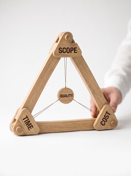 Wooden triangle model representing the project management triple constraint concept with scope, cost, time, and quality labels, held by a hand on a white background