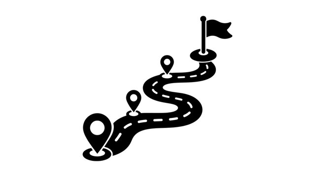 Winding road map with destination flag and pins.