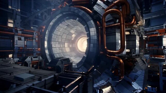 Advanced High Tech Quantum Computing Research Laboratory Featuring Massive Circular Particle Accelerator Mechanism Within A Futuristic Industrial Facility