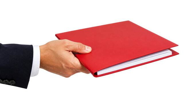 Hand holding red file folder with white documents isolated on transparent background