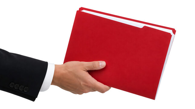 Hand holding red file folder with white documents isolated on transparent background