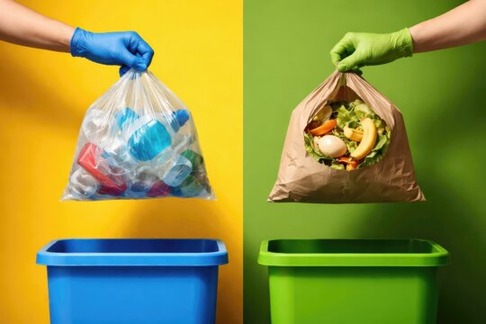 Hands wearing protective gloves holding sorted plastic and organic waste bags over respective recycling bins