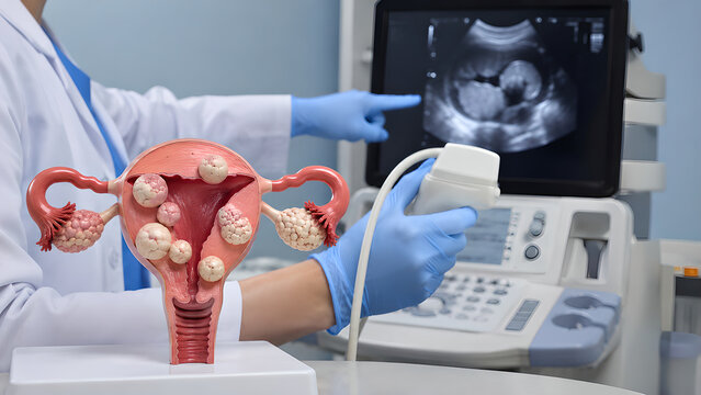 Uterine fibroids clinical procedure and ultrasound diagnosis concept with realistic uterus anatomy, gynecology screening, treatment planning, medical education, radiology, and patient communication