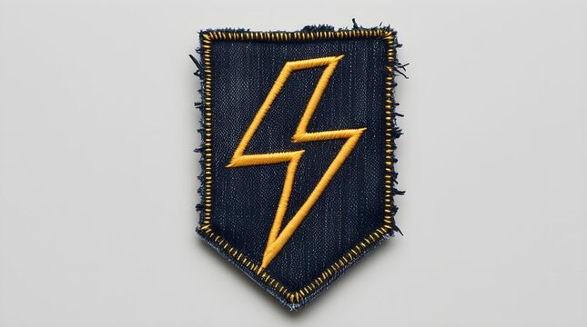 Distressed denim patch with a vibrant yellow lightning bolt embroidery on a light background.
