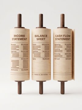 Three wooden scrolls representing the core financial statements of corporate accounting, including income statement, balance sheet, and cash flow statement, conceptual 3D render