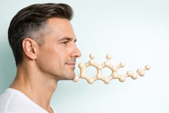 Skincare science research on male anti-aging and hormone molecule structures for men facial skin care