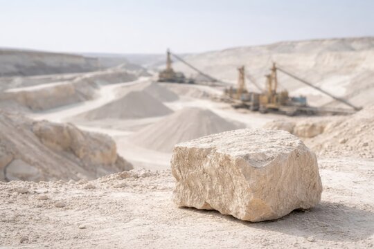 Industrial limestone quarry landscape featuring large excavated rock blocks and heavy mining machinery in the background