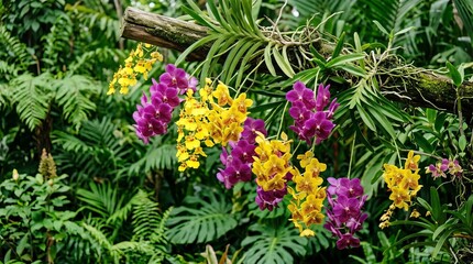 Obraz premium Floral Beauty in Nature's Garden with Vibrant Orchids and Ferns.
