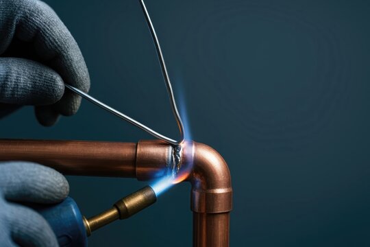Plumber soldering copper pipes and fittings with a gas torch and solder wire in building construction