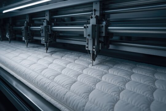 Industrial multi needle quilting machine manufacturing mattress panels and padded fabric in a factory
