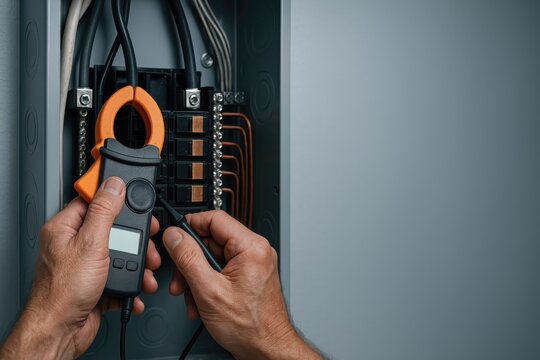 Electrician testing an electrical panel box and wiring with a clamp meter multimeter and test probes
