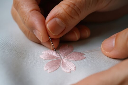 Skilled master hands embroidering a delicate pink flower petal motif on fabric with a fine needle and thread