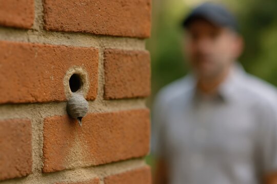 Building inspector examining a wasp nest emerging from a weep hole in an exterior red brick wall of a house