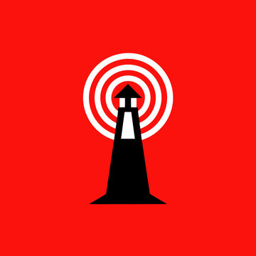 Red background, with black silhouette, of lighthouse beacon, emitting concentric light rings
