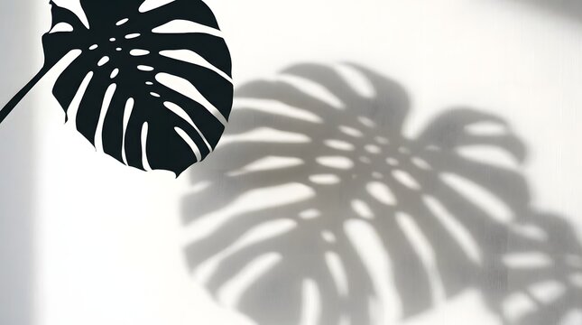 A monstera leaf casts a bold, intricate shadow on a clean white wall, creating a striking graphic pattern