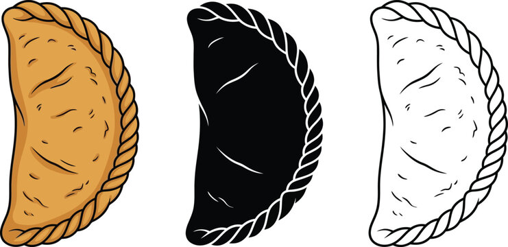 Empanada vector set with three styles, traditional Latin American pastry icons, golden brown hand pie and black silhouette graphics