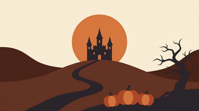 Spooky halloween castle silhouette with pumpkins and bare tree