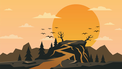 Fototapeta premium Sunset Mountain Cliff Landscape with Giant Orange Sun, Dead Trees, and Winding Trail