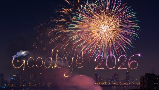 Fireworks and sparkler text reading goodbye 2026 over city skyline