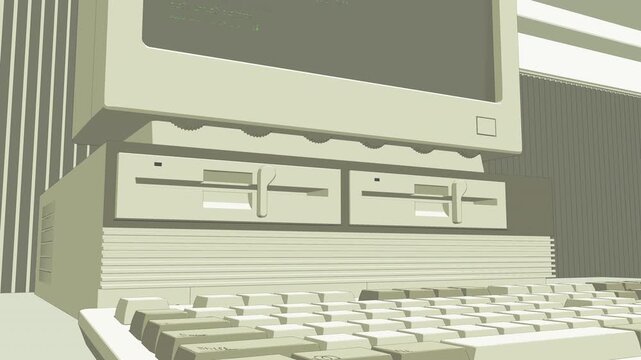 レトロPCとキーボードのアニメーション　架空のコード表示　横視点　ループ
