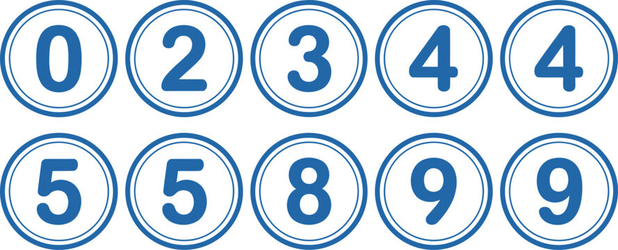 Set of blue circular icons featuring the numbers zero, two, three, four, five, eight, and nine on white background.