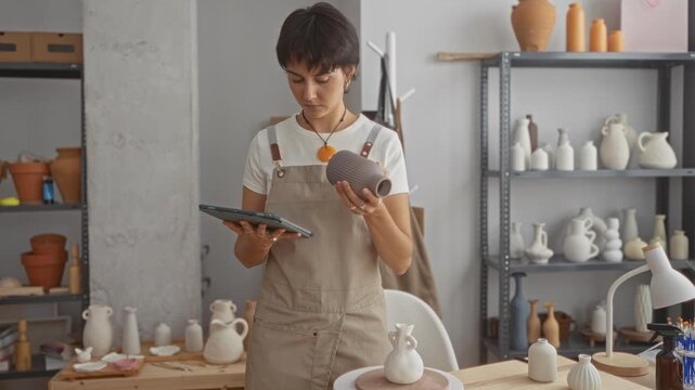 Young woman in apron tapping a tablet while holding a vase in a pottery studio; quiet concentration.