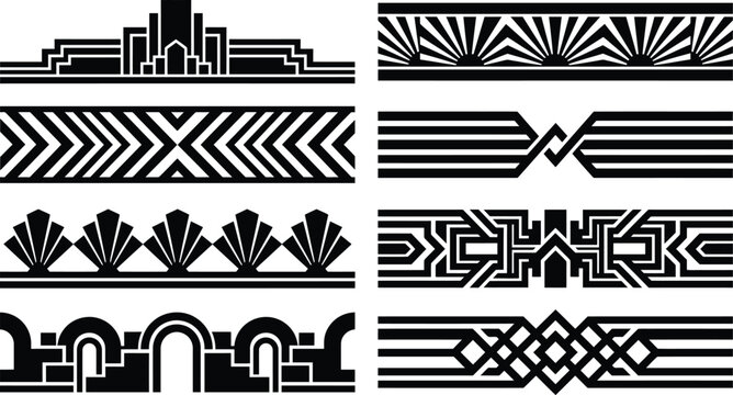 Set of black Art Deco decorative borders and dividers with geometric ornaments for vintage design projects
