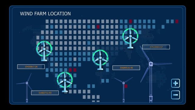 Digital wind turbine interface showing animated energy data, power output, turbine speed, efficiency, and real-time renewable energy performance monitoring.