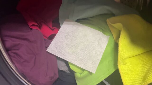 Camera pulling back from white dye grabber sheet placed over colorful clothes inside washing machine drum horizontal stock video. High quality 4k footage