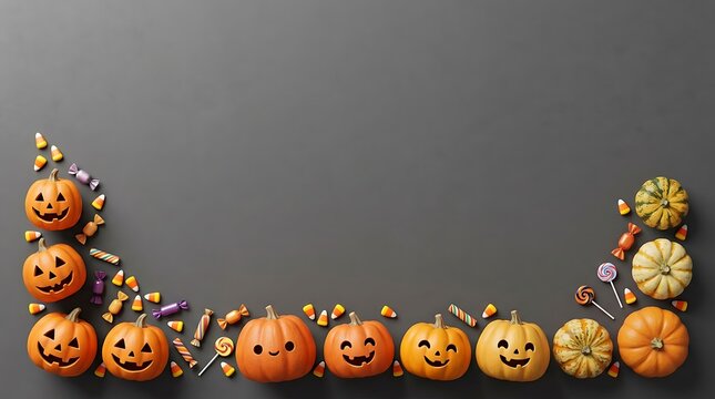 Halloween background border with carved pumpkins and candies on dark grey