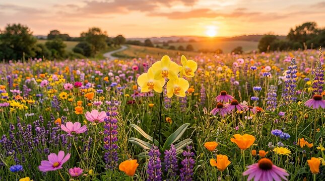 Vibrant flower garden in full bloom at golden hour with warm lighting.