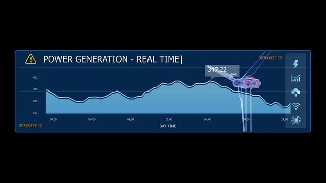 Renewable energy dashboard featuring animated numerical data and graphics for wind turbine generation, power management, energy analysis, and smart grid technology.