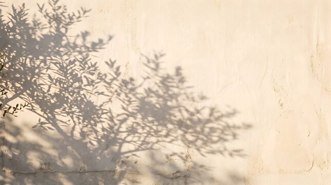 Olive tree branch shadows dance across a warm, textured Mediterranean plaster wall, creating a rustic, sun-drenched, and tranquil ambiance.