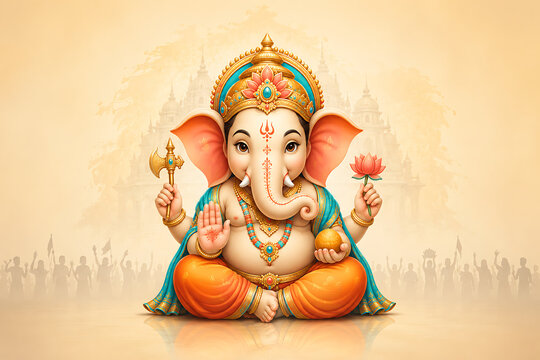 Colorful seated ganesha illustration with lotus flower orange clothing temple silhouette for ganesh chaturthi celebration and joyful lord ganesha puja festive devotion
