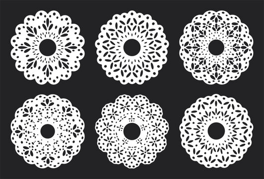 Lace doily collection. White round crochet ornaments with intricate floral cutouts flat vector illustration set. Vintage decorative textile elements