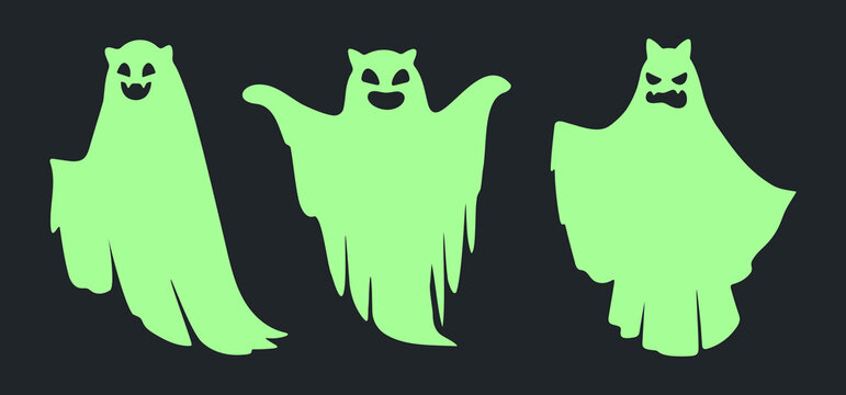 Spooky ghost character collection. Glowing Halloween ghosts with varied face expressions flat vector illustration set. Spooky spirits on dark