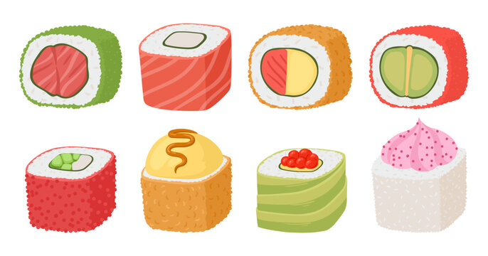 Sushi assortment. Maki rolls and colorful sushi pieces with salmon, avocado and cucumber flat vector illustration set. Japanese cuisine isolated on white background