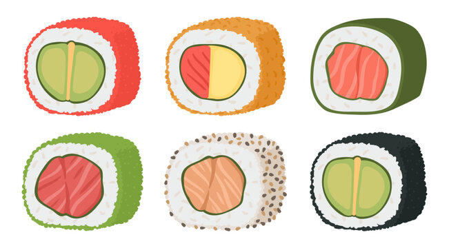 Sushi roll collection. Colorful maki rolls with salmon, cucumber and avocado flat vector illustration set. Japanese food graphics isolated on white background