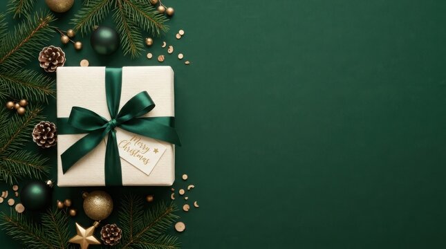Christmas gift box with green ribbon on a dark green background with festive decorations