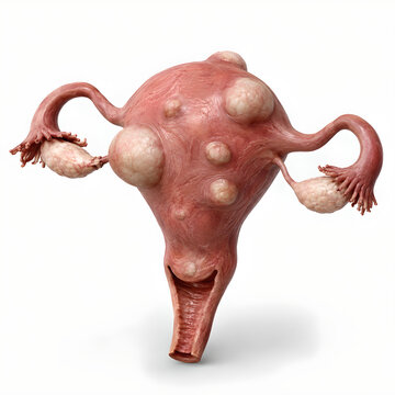 Uterine fibroids in isolated uterus anatomy 3D render with ovaries and fallopian tubes, showing moderate myoma presentation for healthcare, medical education, radiology, and patient education