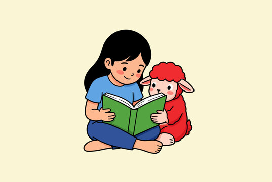 Child Reading Book With Plush Toy.
