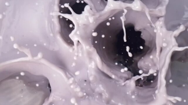 Blackberries falling into yogurt with splashes in slow motion macro top view