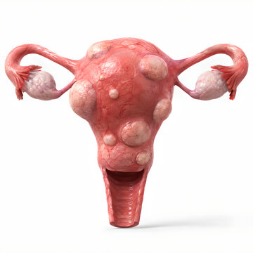Uterine fibroids in isolated uterus anatomy 3D render with ovaries and fallopian tubes, showing moderate myoma presentation for healthcare, medical education, radiology, and patient education