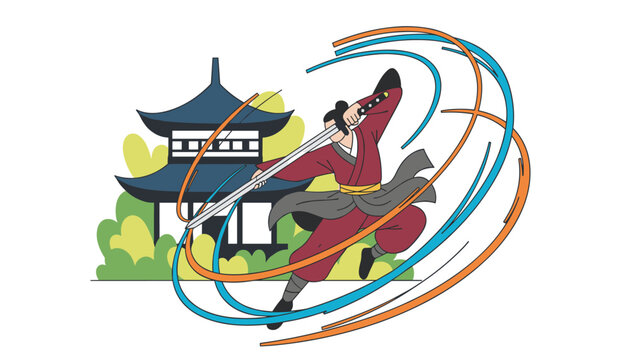Skilled samurai warrior performing a dynamic sword strike in front of a traditional japanese pagoda and lush green foliage.