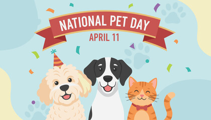 Fototapeta premium Group of happy pets including two dogs and a cat celebrating national pet day on April eleventh with confetti and party hats.