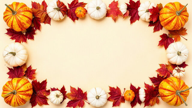 Autumn frame made of orange striped pumpkins and colorful maple leaves on a beige background with copy space for text
