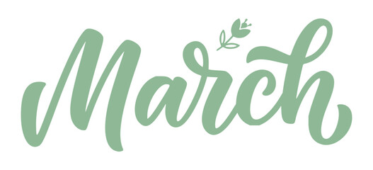 Fototapeta premium March Script Calligraphy Sage Green Spring Floral Illustration