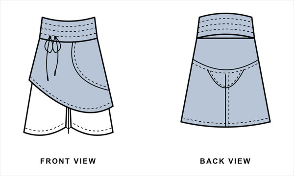 Women&rsquo;s Wrap Skort Technical CAD Design Front and Back View Fashion Apparel Template